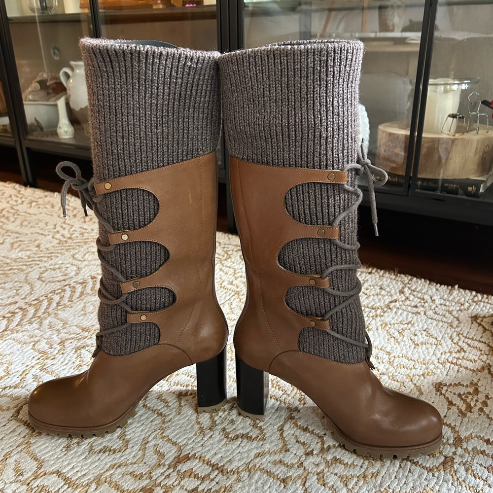 Chloe Collection RARE Brown Leather & Knit Heel Boots - Size EU 39/ 8-8.5 - Picture 5 of 6